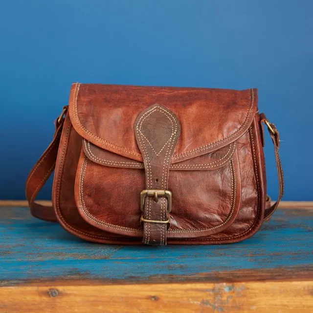 Curved Brown Leather Saddle Bag