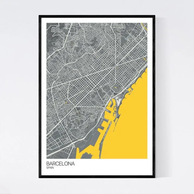 Barcelona City Map Print - Dark Grey/Yellow