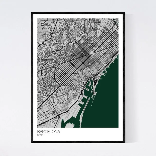 Barcelona City Map Print - Grey/Green