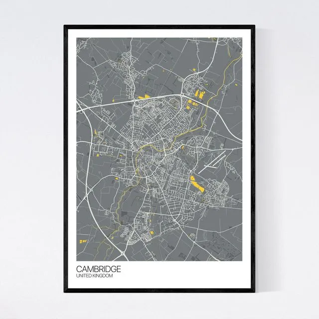 Cambridge City Map Print - Dark Grey/Yellow