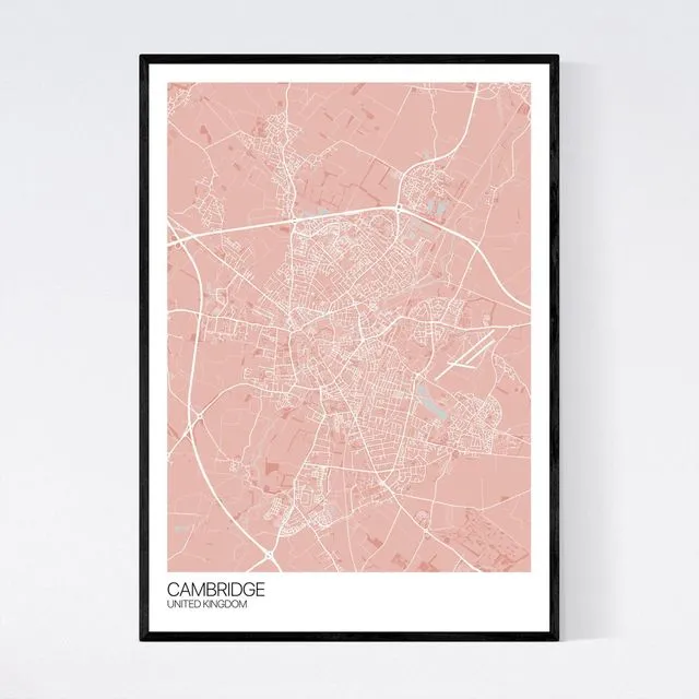 Cambridge City Map Print - Light Red/Grey
