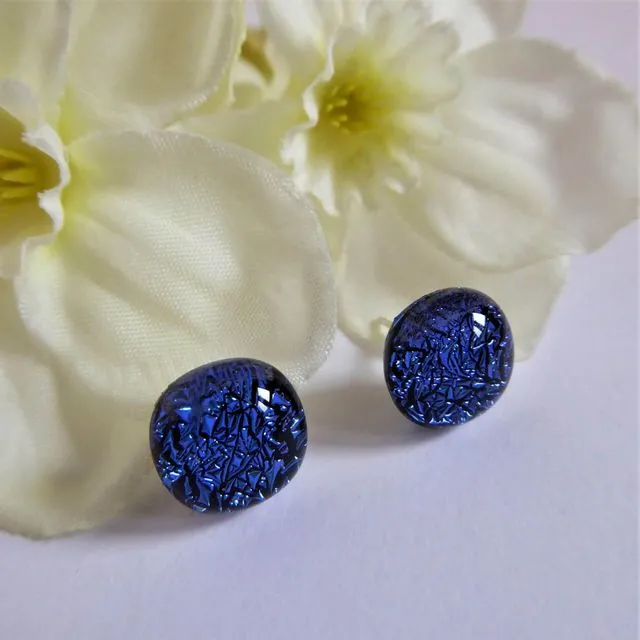 Dichroic glass stud earrings - deep blue prismatic