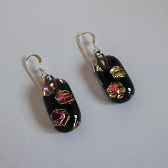 Dichroic glass drop earrings - pink honeycomb style