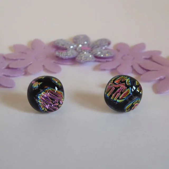 Dichroic glass stud earrings - pink honeycomb style