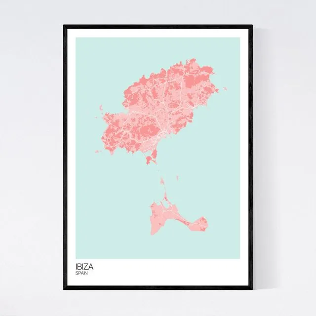 Ibiza Island Map Print - Pink/Light Blue