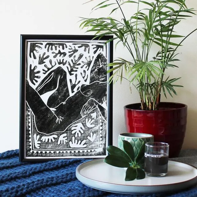 A3 Lino Relief Print Monochrome Black|Moody Nude Reclining|Hand Carved Lino Print - Black