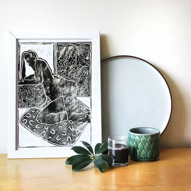 A3 Lino Print Black|Moody Nude In Thought|Hand Carved Home Decor|Life Drawing|Matisse Prints - Black