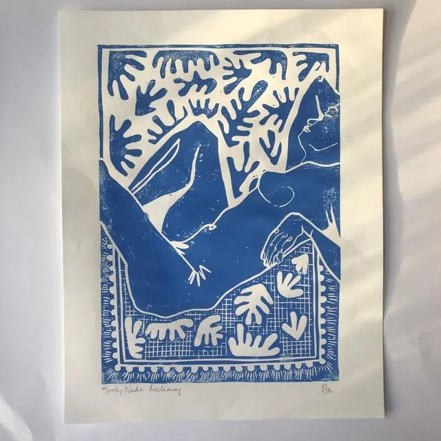 A3 Lino Relief Print Monochrome|Moody Nude Reclining|Hand Carved Lino Print - Blue