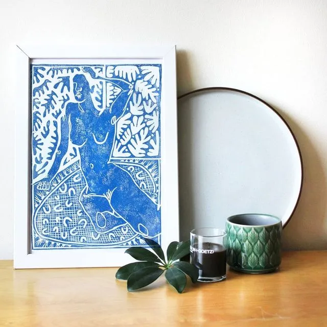 A3 Lino Print|Moody Nude Posing|Hand Carved Home Decor|Life Drawing|Matisse Prints - Blue