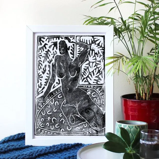 A3 Lino Print Black|Moody Nude Posing|Hand Carved Home Decor|Life Drawing|Matisse Prints - Black