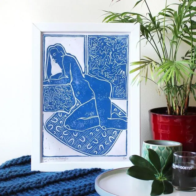 A3 Lino Print|Moody Nude In Thought|Hand Carved Home Decor|Life Drawing|Matisse Prints - Blue