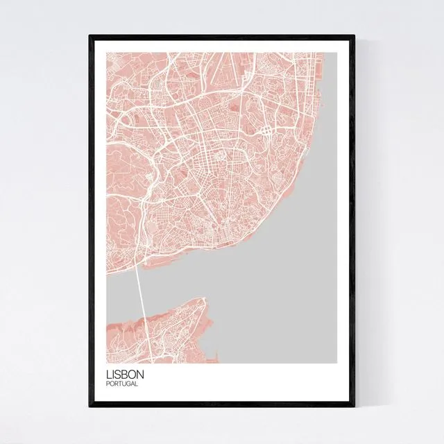 Lisbon City Map Print - Light Red/Grey