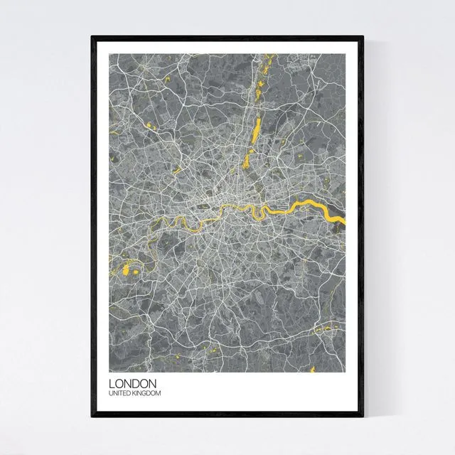 London City Map Print - Dark Grey/Yellow