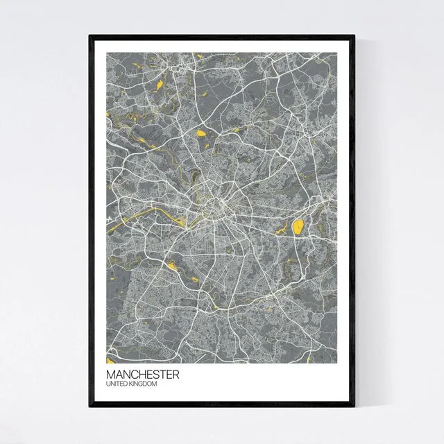Manchester City Map Print - Dark Grey/Yellow