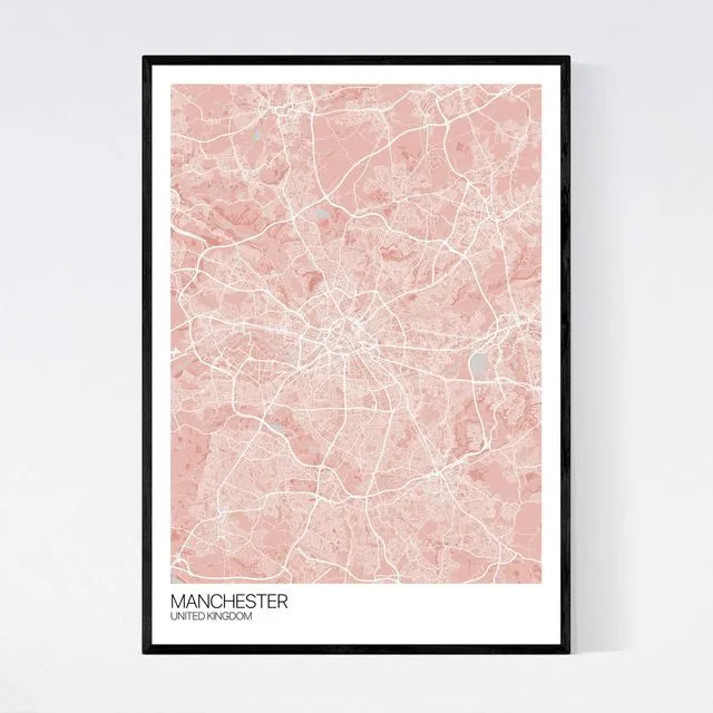 Manchester City Map Print - Light Red/Grey