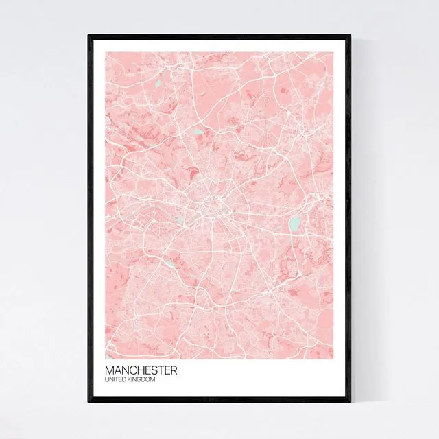 Manchester City Map Print - Pink/Light Blue