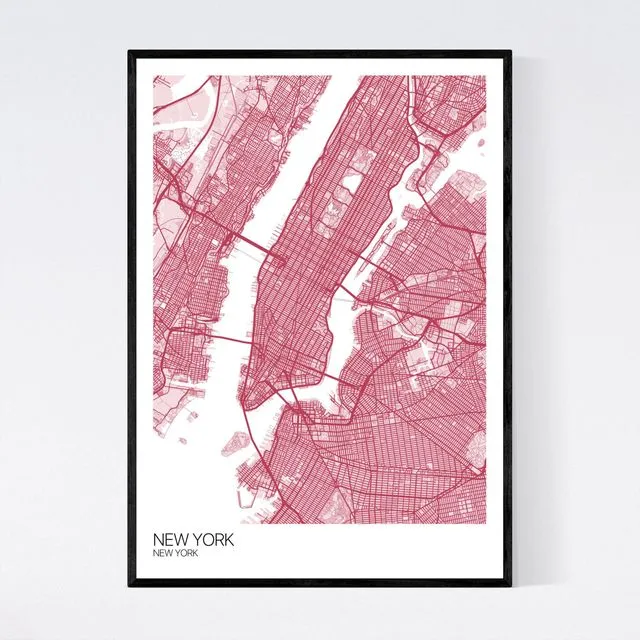 New York City Map Print - Pastel Red