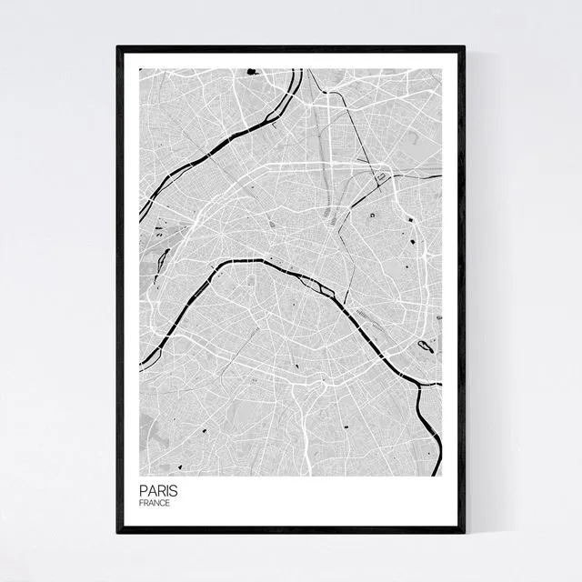 Paris City Map Print - Grey/Black