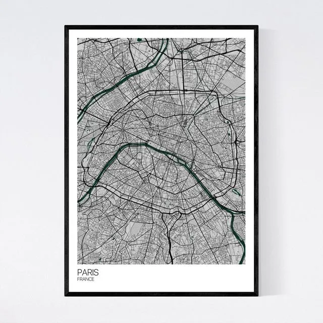 Paris City Map Print - Grey/Green