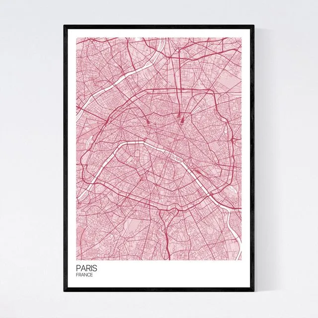 Paris City Map Print - Pastel Red