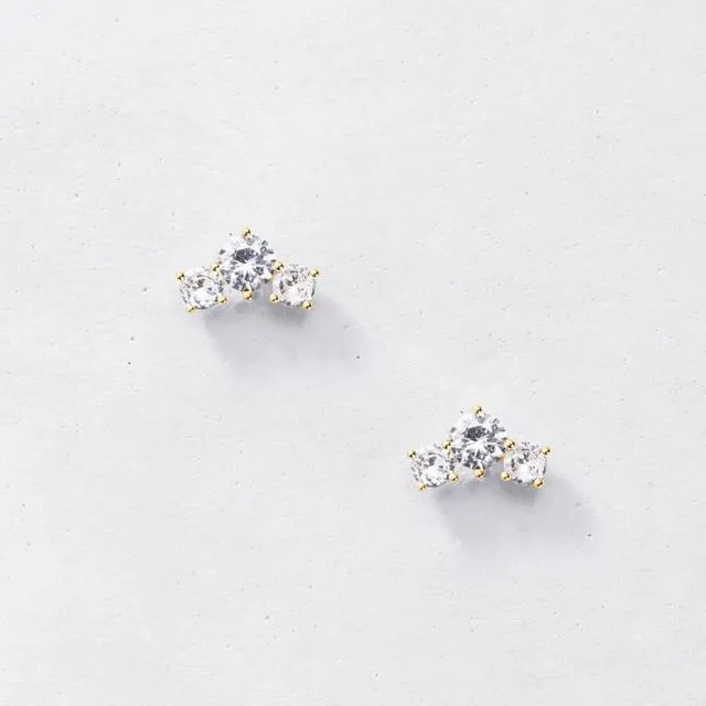 DAINTY TRIO CLIMBER STUD EARRINGS 925 STERLING SILVER - COLOUR GOLD