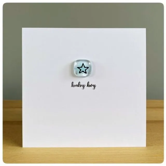 Baby Boy New Baby Greeting Card with blue fused glass star tile