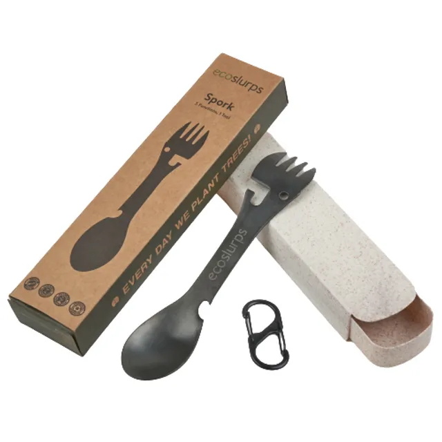Spork With Carry Clip & Wheat Straw Carry Case. Reusable travel cutlery sets - great eco friendly gifts