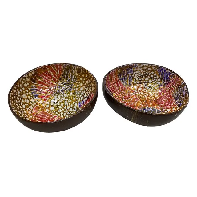 Vie Gourmet Coconut Bowls Hand Painted, Lacquered, Set of 2, Design 10