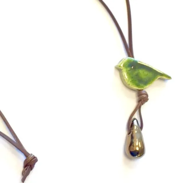 Necklace bird ceramic olive green
