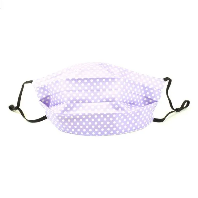 Purple Polka Dot Face Mask, Triple-Layered, 100% Cotton, Handmade In London, One Adult Size, Adjustable Ear Loops