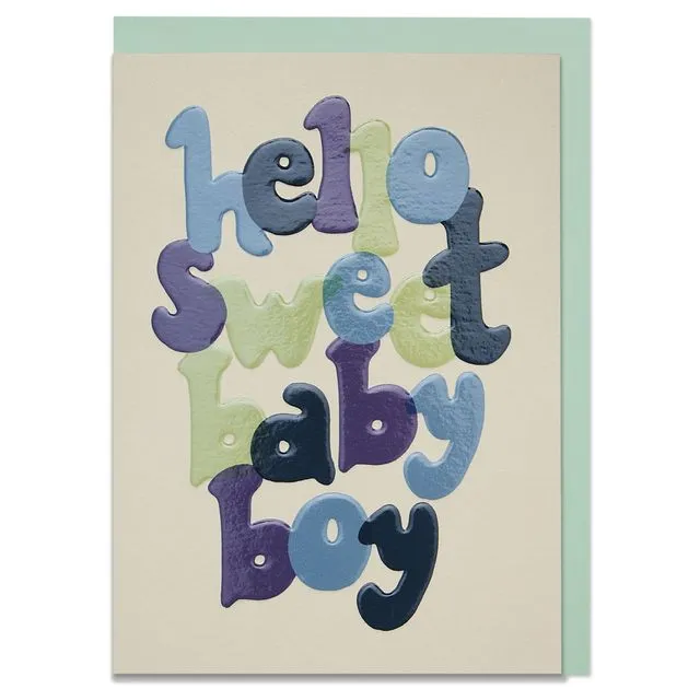 Bold, hand lettered new baby boy card with luxury finish