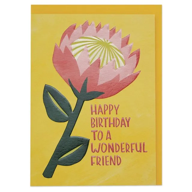 'Happy Birthday wishes to a wonderful friend' graphic King Protea Birthday card