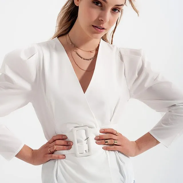 PUFF SLEEVE WRAP FRONT TOP WITH BELT DETAIL IN WHITE shirt