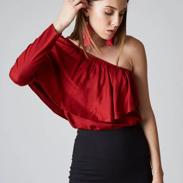 One-Shoulder Blouse with Ruffles in Red