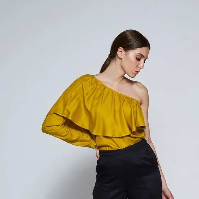 One-Shoulder Blouse with Ruffles in Mango Mojito