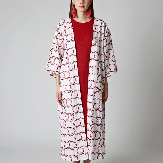 Maxi Cotton Kimono with Red Floral Embroideries