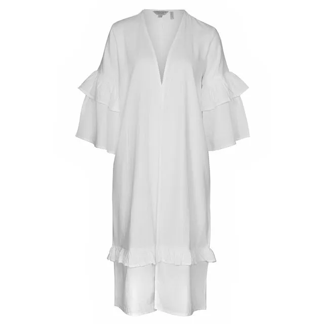 Cotton Kimono with Ruffle Detailing at Sleeves & Hem in White