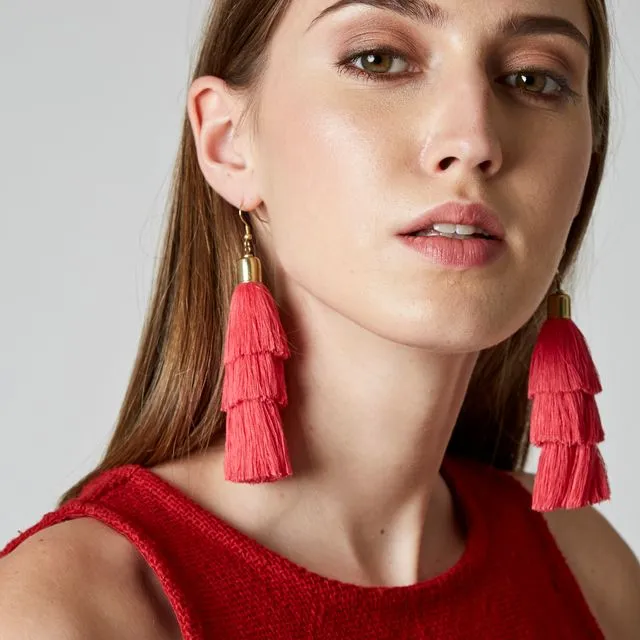 Cotton Tassel Earrings in Red