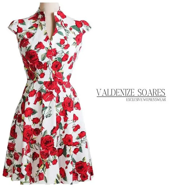 Summer dress, floral dress, vintage style dress, red and white dress, red rose dress, midi dress, mid-length dress, cotton dress, 50s dress