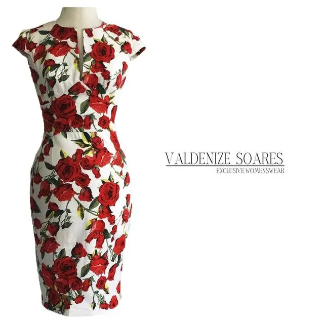 Red rose dress, floral dress, summer dress, vintage style dress, red and white dress, midi dress, mid-length dress, cotton dress, 50s dress