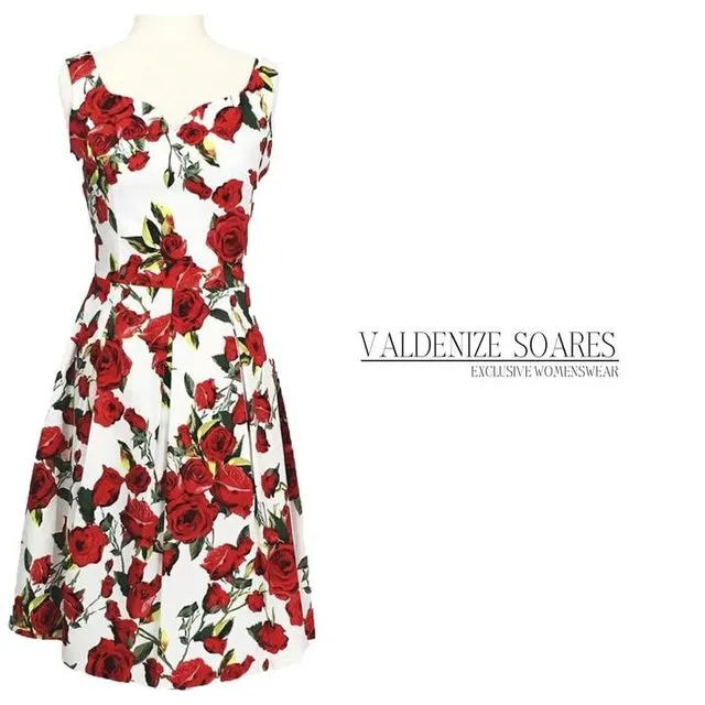 Summer dress, floral dress, red rose dress, sundress, wedding guest dress, vintage style dress, 1950s dress, flower dress, 50s dress