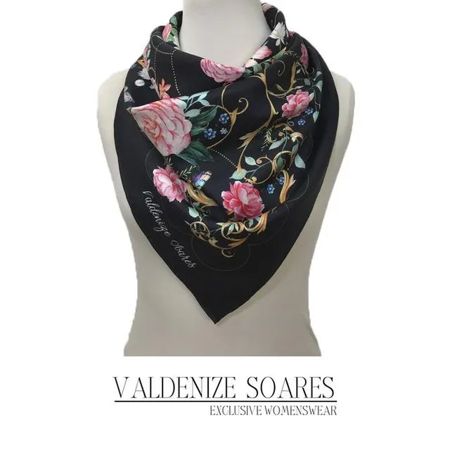 Silk scarf 'Pink on Black Floral', 100% silk women's square neck scarf with hand finished hem