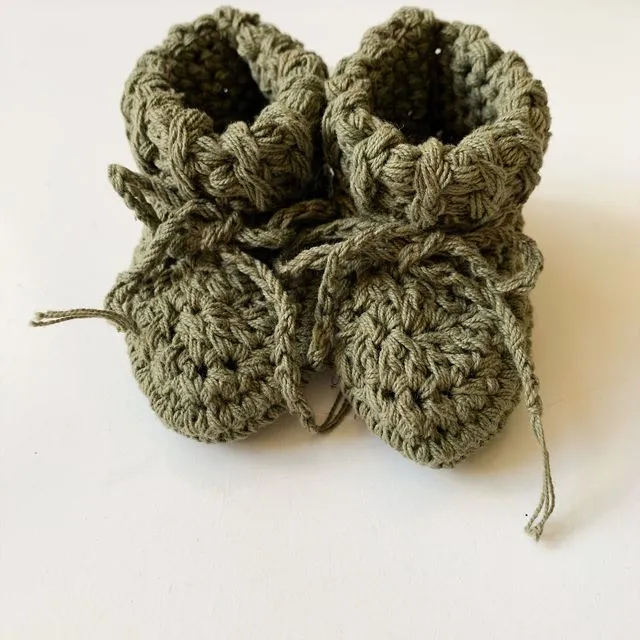 Cotton Tie Baby Booties - Olive