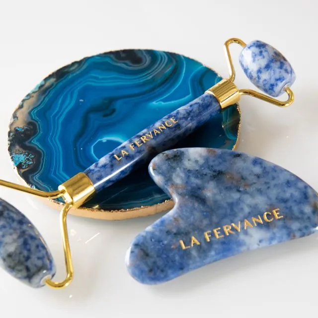 Blue Sodalite Gua Sha Stone and Blue Sodalite Gold Roller Kit