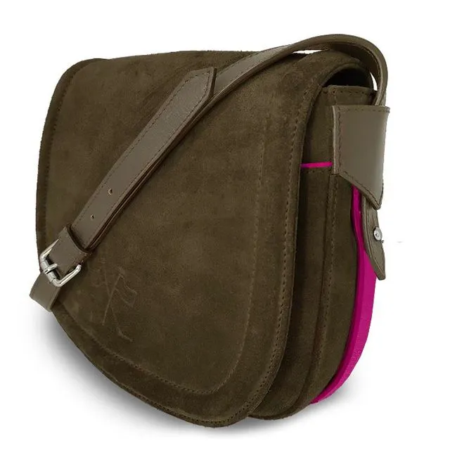 Nubuck Leather Handbag - Vue Lac - Khak i- Pink Outlines