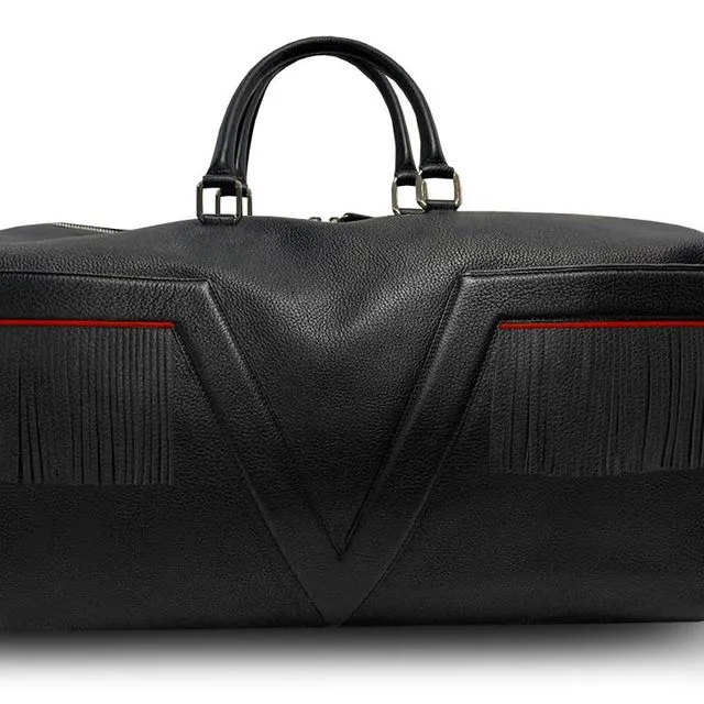 Large Leather Black VLx Travel Bag with Fringes - Red Outlines