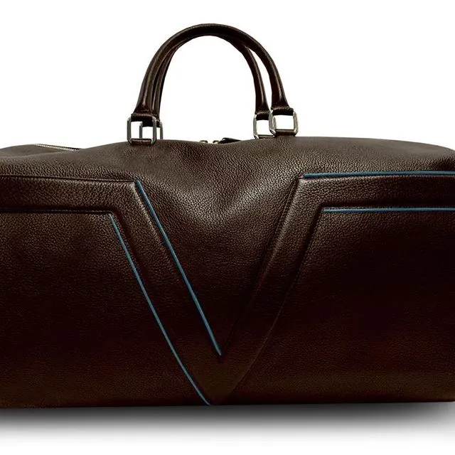Large Leather Brown VLx Travel Bag - Blue Outlines