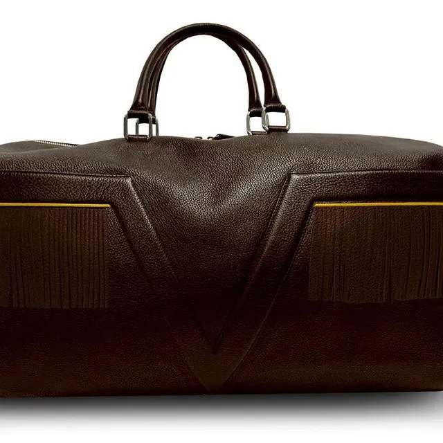 Large Leather Brown VLx Travel Bag with Fringes - Yellow Outlines
