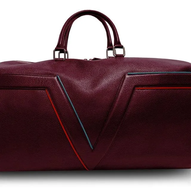 Large Leather Burgundy VLx Travel Bag - Red & Blue Outlines
