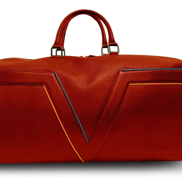 Large Leather Red VLx Travel Bag - Orange & Blue Outlines